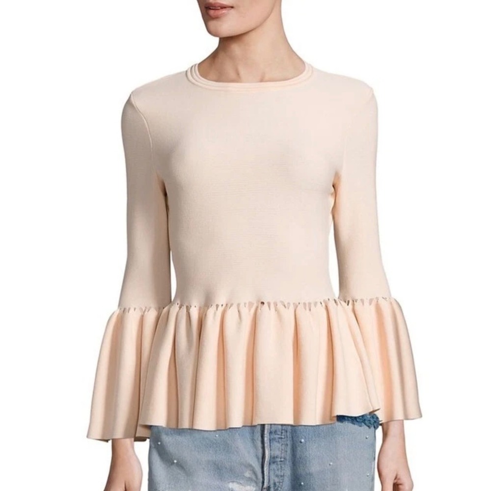 Jonathan Simkhai Blush Knit Peplum Long Bell Sleeve Stretch Top Size XS